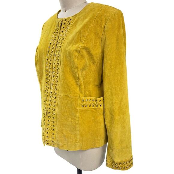 90s Bradley Bayou Yellowish Green Suede Jacket with Metal and Braided Accents XL - Picture 2 of 5
